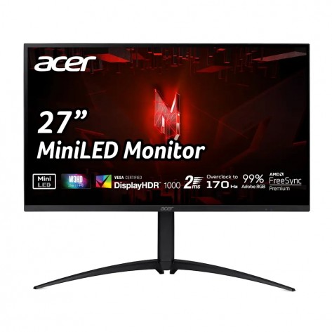 Монитор Acer Nitro XV275UP3biiprx, 27" VA, Anti-Glare, QHD Mini Led 2560x1440, 99% AdobeRGB, ZeroFrame, FreeSync Premium, up to 170Hz, 1ms, 100M:1, 600 up to 1000 cd/m2, 1xDP, 2xHDMI, Audio out, VESA, Tilt, Swivel, Hgt Adj, Pivot, Acer Display Widget, Black - UM.HXXEE.301
