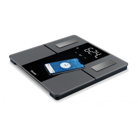 Електронен кантар Beurer BF 500 BT diagnostic bathroom scale in black, titanium-coated stainless steel electrodes, extra-large magic display 40mm, Weight, body fat, body water, muscle percentage, bone mass, AMR/BMR calorie display; BMI calculation; Bluetooth; 180 kg / 100 - 76011_BEU
