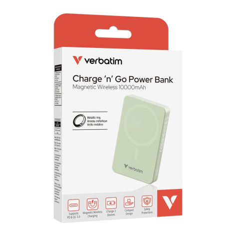 Външна батерия Verbatim Charge 'n' Go Essentials Power Bank Magnetic Wireless 10000mAh Green - 32228