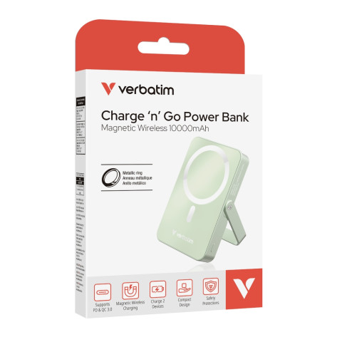 Външна батерия Verbatim Charge 'n' Go Power Bank with Stand Magnetic Wireless 10000mAh Green - 32259