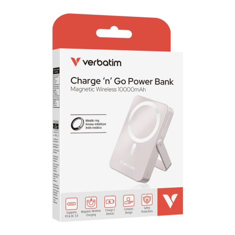 Външна батерия Verbatim Charge 'n' Go Power Bank with Stand Magnetic Wireless 10000mAh Pink - 32267
