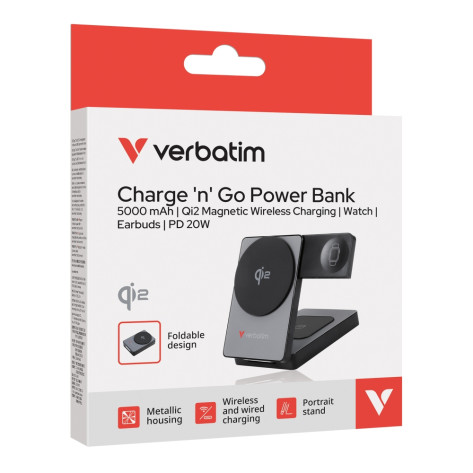 Външна батерия Verbatim Foldable 3-in-1 Qi2 Magnetic Wireless Power Bank 5000 mAh Grey - 32294