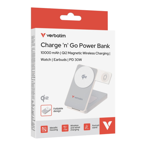 Външна батерия Verbatim Foldable 3-in-1 Qi2 Magnetic Wireless Power Bank 10000 mAh White - 32296