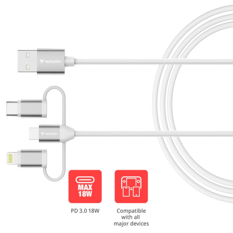 Кабел Verbatim Sync & Charge Cable 3-in-1 USB-A to Micro-B - 32394