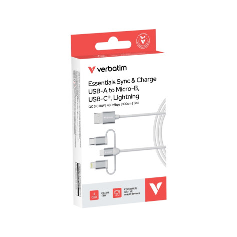 Кабел Verbatim Sync & Charge Cable 3-in-1 USB-A to Micro-B - 32394