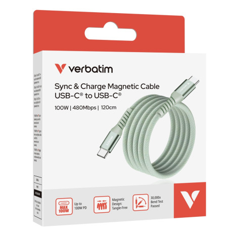 Кабел Verbatim Sync & Charge USB-C to USB-C 100W Magnetic 120 cm - Green - 31855