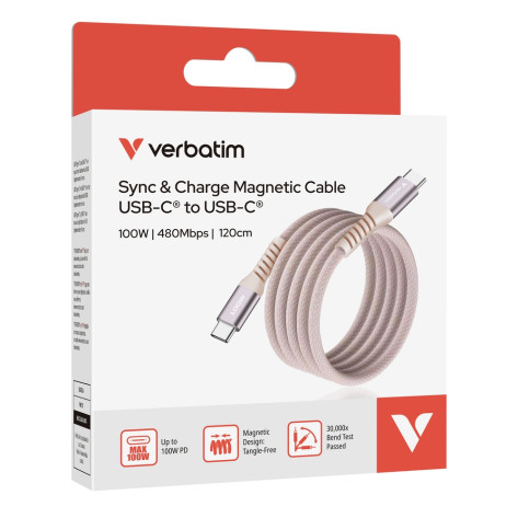 Кабел Verbatim Sync & Charge USB-C to USB-C 100W Magnetic 120 cm - Pink - 31857