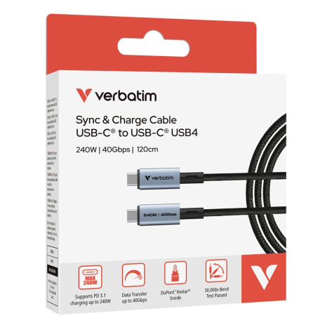 Кабел Verbatim Sync & Charge USB-C to USB-C 240W 40 Gbps 120 cm - 31847