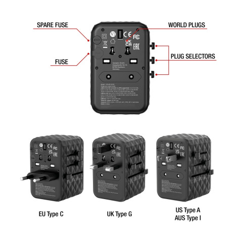 Адаптер Verbatim UTA-05 GaN III Universal Travel Adapter with 2 x USB-C PD 65W & QC 4+  - 32120