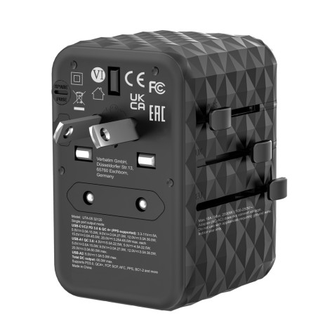 Адаптер Verbatim UTA-05 GaN III Universal Travel Adapter with 2 x USB-C PD 65W & QC 4+  - 32120