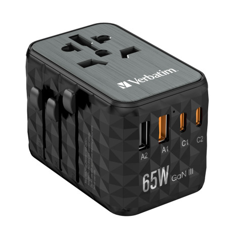 Адаптер Verbatim UTA-05 GaN III Universal Travel Adapter with 2 x USB-C PD 65W & QC 4+  - 32120