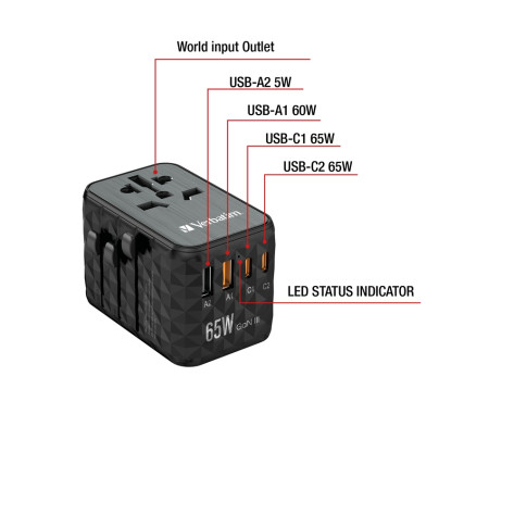 Адаптер Verbatim UTA-05 GaN III Universal Travel Adapter with 2 x USB-C PD 65W & QC 4+  - 32120