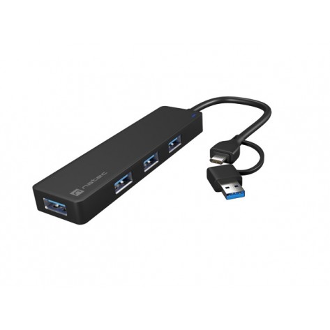 USB хъб Natec Hub Mayfly USB-C 3.0 4 Port + USB-A Adapter Black - NHU-2023