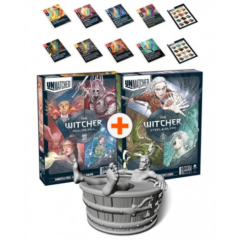 Комплект настолни игри Unmatched: The Witcher Realms Fall и Steel and Silver с промо карти и фигура