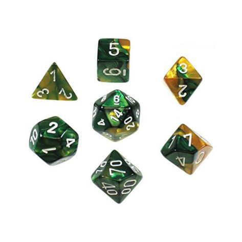 Комплект зарове Chessex - Gemini Polyhedral Dice Set, Gold-Green/White (7 бр.)
