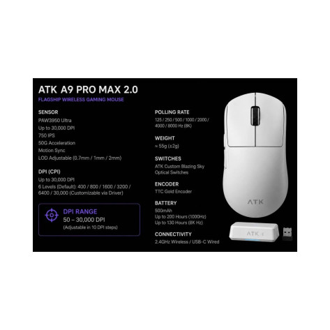 Гейминг мишка ATK - A9 Pro Max 2.0, 8K, оптична, безжична, бяла