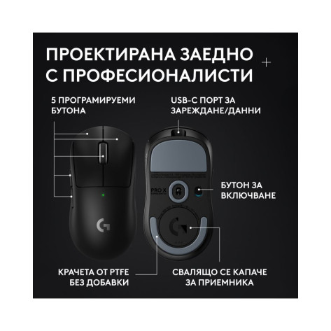 Гейминг мишка Logitech - PRO X Superlight 2c SE, оптична, безжична, черна