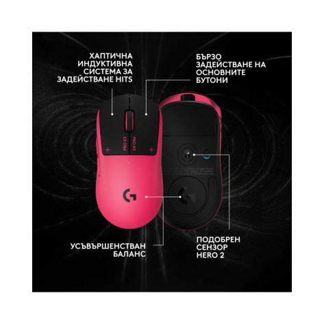 Гейминг мишка Logitech - Pro X3 Superstrike, безжична, оптична, розова