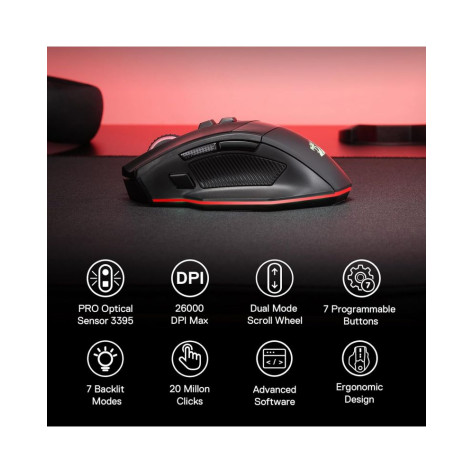 Гейминг мишка Redragon - Rind Pro M813, оптична, безжична, RGB, черна