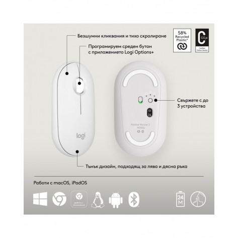 Комплект клавиатура Logitech Pebble Keys 2 K380s + мишка Logitech Pebble Keys 2 M350s, бели