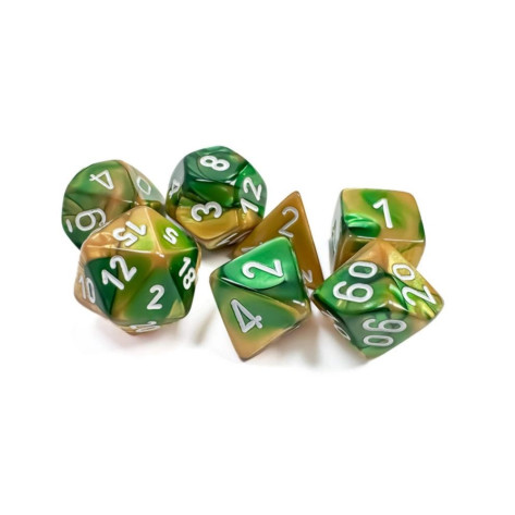 Комплект зарове Chessex - Gemini Polyhedral Dice Set, Gold-Green/White (7 бр.)