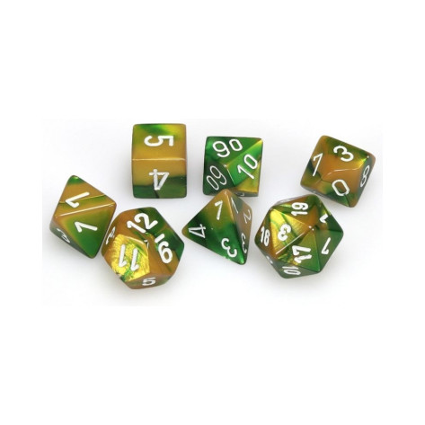 Комплект зарове Chessex - Gemini Polyhedral Dice Set, Gold-Green/White (7 бр.)