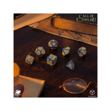 Комплект зарове Q-Workshop - Call of Cthulhu 7th Edition: Blue-Green & Gold Dice Set (7 бр.)