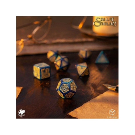 Комплект зарове Q-Workshop - Call of Cthulhu 7th Edition: Blue-Green & Gold Dice Set (7 бр.)