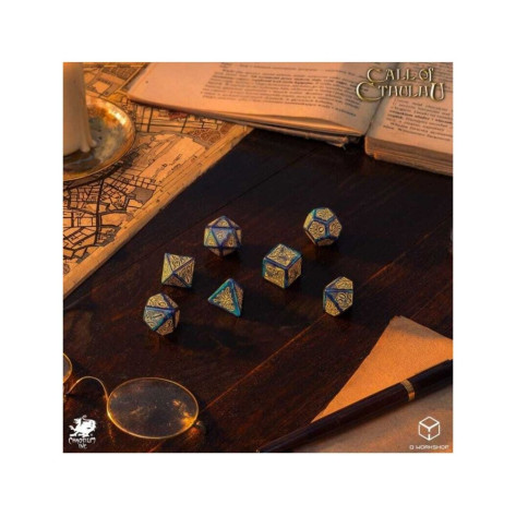 Комплект зарове Q-Workshop - Call of Cthulhu 7th Edition: Blue-Green & Gold Dice Set (7 бр.)