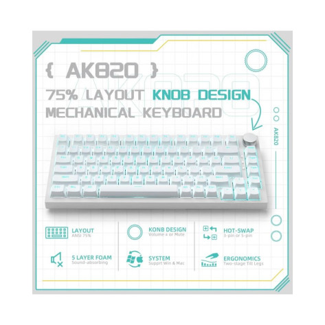 Механична клавиатура AJAZZ- AK820, Blue Switches, RGB, бяла