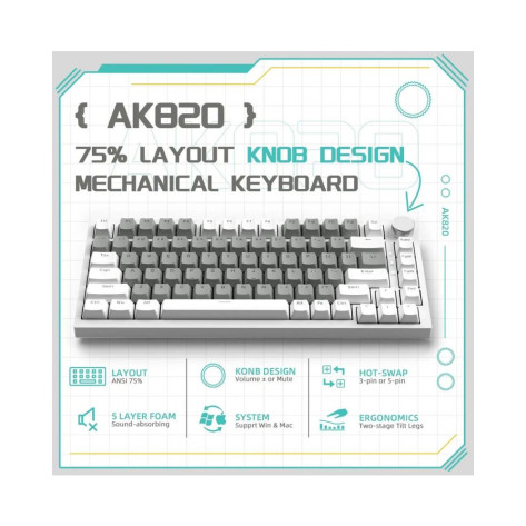 Механична клавиатура AJAZZ - AK820, Red Switches, бяла подсветка, сива/бяла