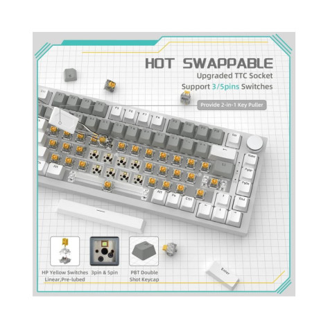 Механична клавиатура AJAZZ - AK820, Red Switches, бяла подсветка, сива/бяла