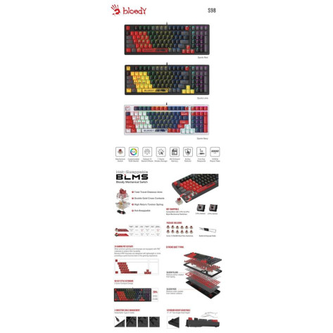 Механична клавиатура Bloody - Sports S98, BLMS Red Plus, RGB, жична, Navy