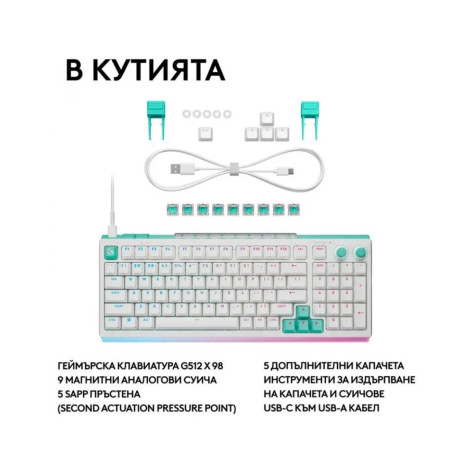 Механична клавиатура Logitech - G512 X 98, Tactile, RGB, бяла