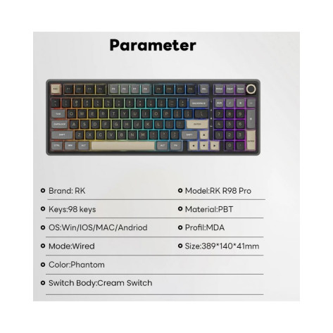 Механична клавиатура Royal Kludge - R98 Pro Phantom, жична, Cream Linear, RGB, черна