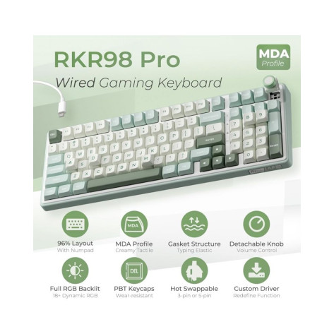 Механична клавиатура Royal Kludge - RK R98 Pro Sky Cyan, Cream Switch, RGB, синя