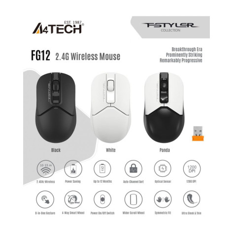 Мишка A4Tech - Fstyler FG12S, оптична, безжична, бяла