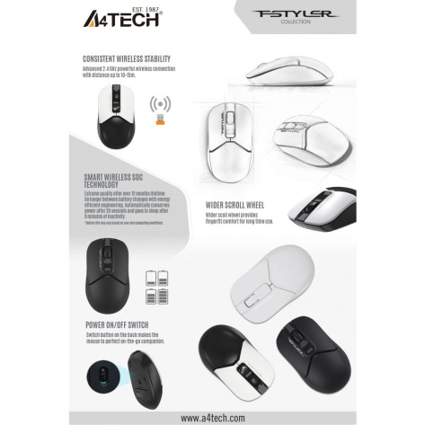 Мишка A4Tech - Fstyler FG12S, оптична, безжична, бяла