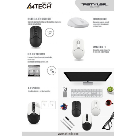 Мишка A4Tech - Fstyler FG12S, оптична, безжична, бяла