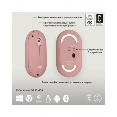 Мишка Logitech - Pebble Mouse 2 M350s, оптична, безжична, Rose