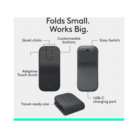 Сгъваема мишка Logitech - Mobi Fold, оптична, безжична, графит