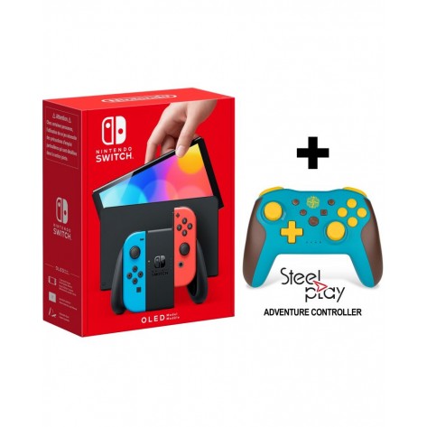 Конзола Nintendo Switch OLED - Red & Blue + Steelplay Adventure Wireless Controller Bundle