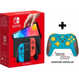 Конзола Nintendo Switch OLED - Red & Blue + Steelplay Adventure Wireless Controller Bundle