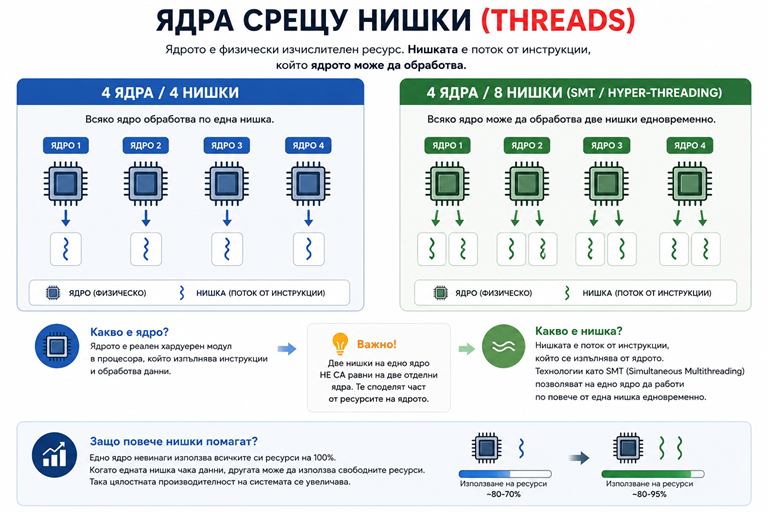 Разлика между процесорни ядра и нишки