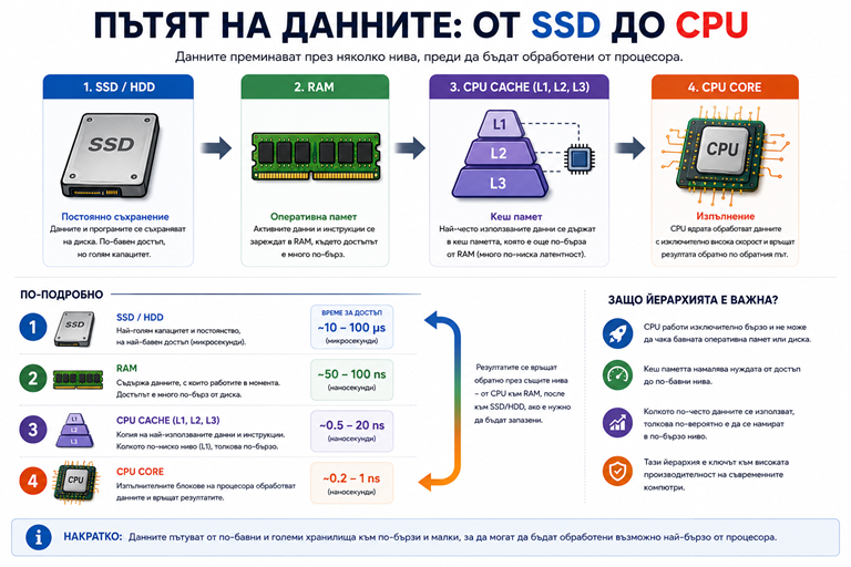 Пътят на данните от SSD през RAM и кеша до процесора