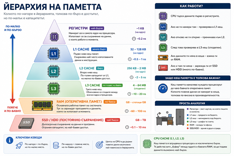Йерархия на паметта – регистри, кеш, RAM и SSD